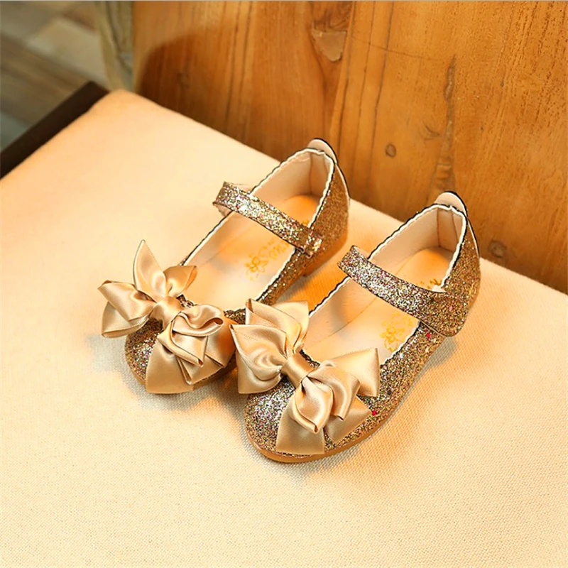 

Spring Autumn Girls Bow-tie Shoes Dance Party Shoes For Kids Baby Princess Shoes Gold Big Girl Single Shoe 1-12 Years Old child