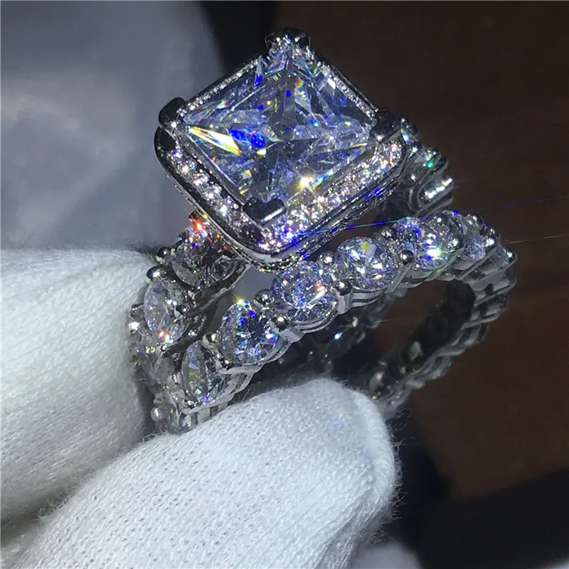 2017 Luxury Jewelry Female Silver color ring set AAAAA Zircon Cz stone Engagement wedding band rings for women bridal | Украшения и