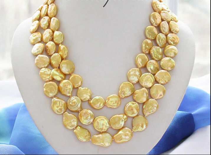 

FREE shipping>>>>>z3618 3row 14mm golden coin freshwater pearl necklace shell
