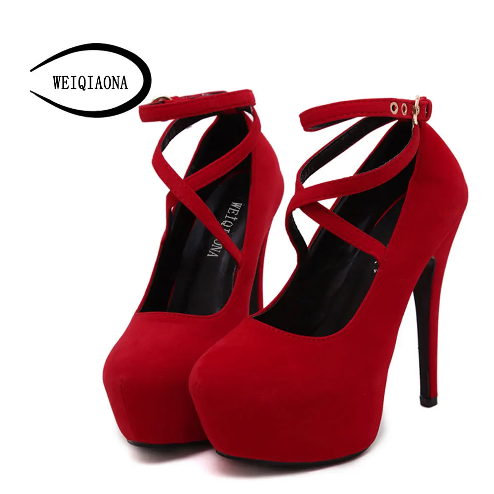 

WEIQIAONA Big size Fashion Ankle Strap super High heels four season Pumps For Women Elegant Wedges Platform Shoes wedding party