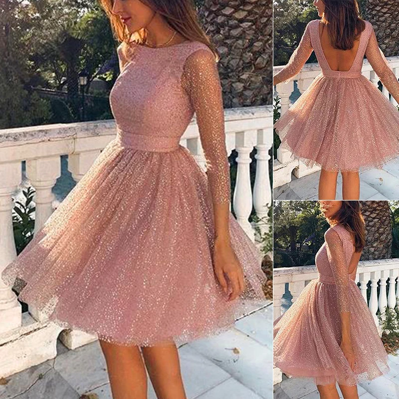 Women's Dress Elegant Long Sleeve Dresses Princess Sweet Pink Solid Fashion Round Neck Hot New Dress