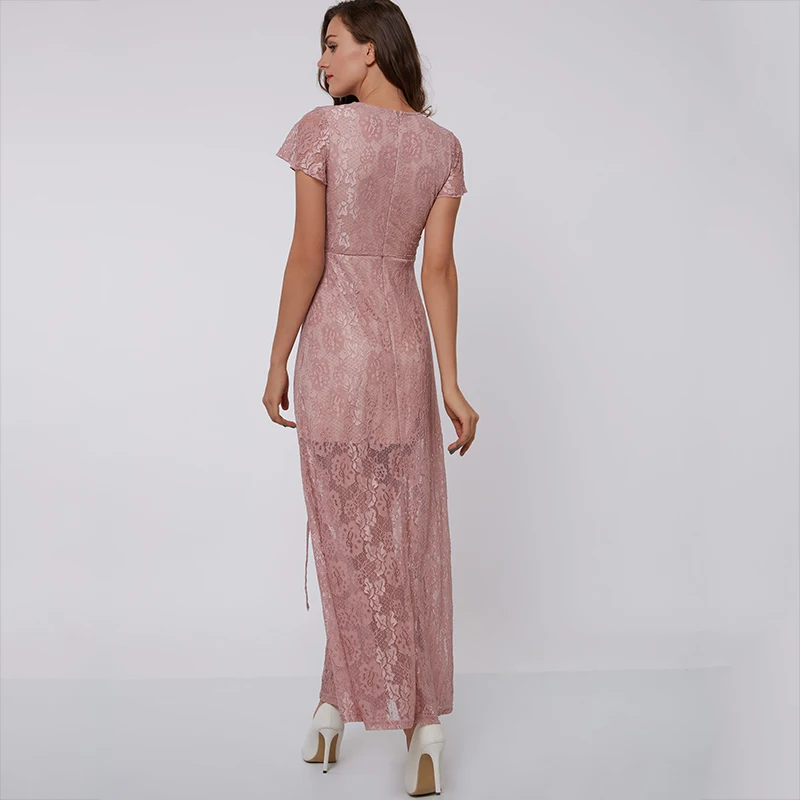 Tanpell сексуальное вечернее платье с v-образным вырезом, розовое, длиной до лодыжки, с короткими рукавами, а-силуэт, кружевное вечернее платье, официальное, длинное, вечернее платье es