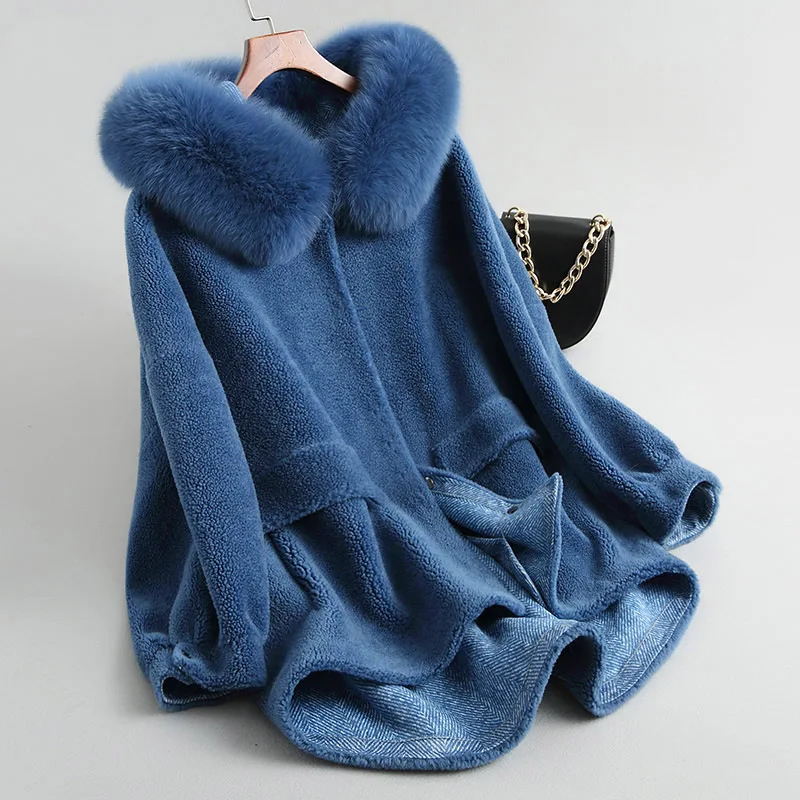 PUDI A18053 Женское зимнее теплое пальто из натуральной шерсти с натуральным лисьим воротником, Женское пальто, куртка, пальто - Цвет: blue