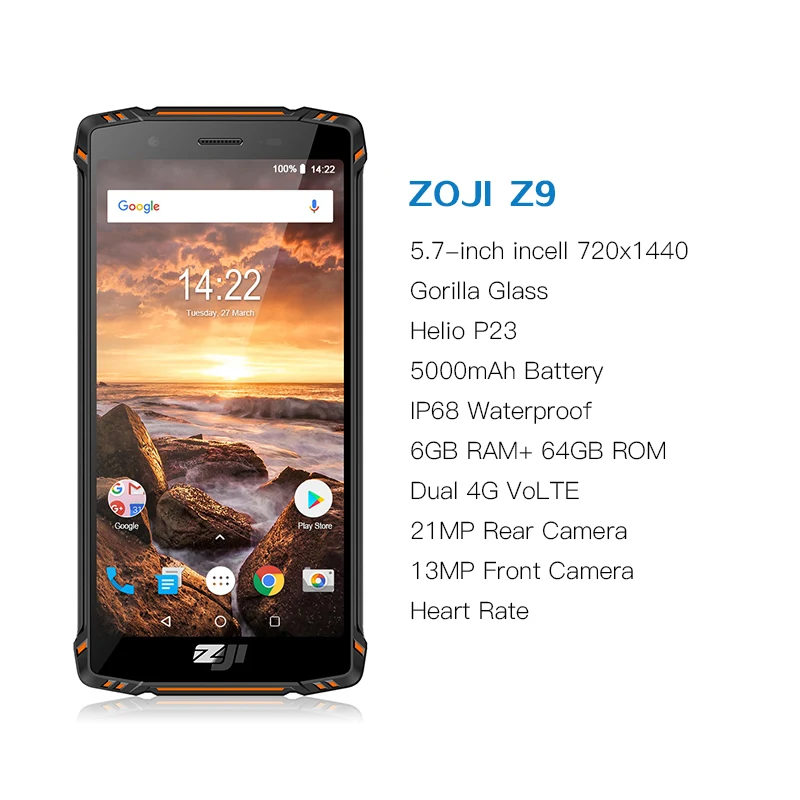 ZJI ZOJI Z9 IP68 водонепроницаемый смартфон Восьмиядерный 5,7 дюймов 6 ГБ ОЗУ 64 Гб ПЗУ 5500 мАч B20 4G FDD LTE B20 полный диапазон мобильный телефон