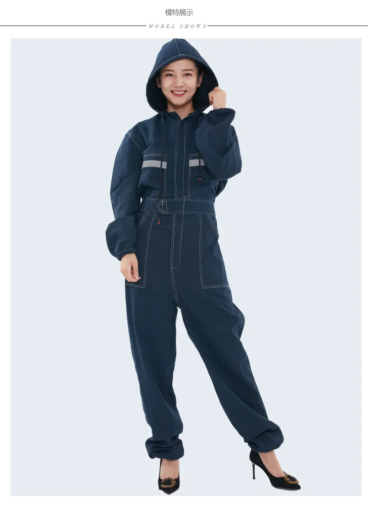 Denim Overalls Work Clothing Men Women Long Sleeved Hooded Coveralls Labor Overalls For Welding Auto Repair Painting Spraying