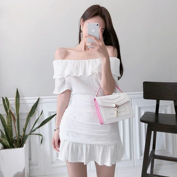 

Foamlina Sexy Women Summer Two Pieces Set Slash Neck Off Shoulder Short Sleeve Crop Top and High Waist Draped Ruffles Mini Skirt