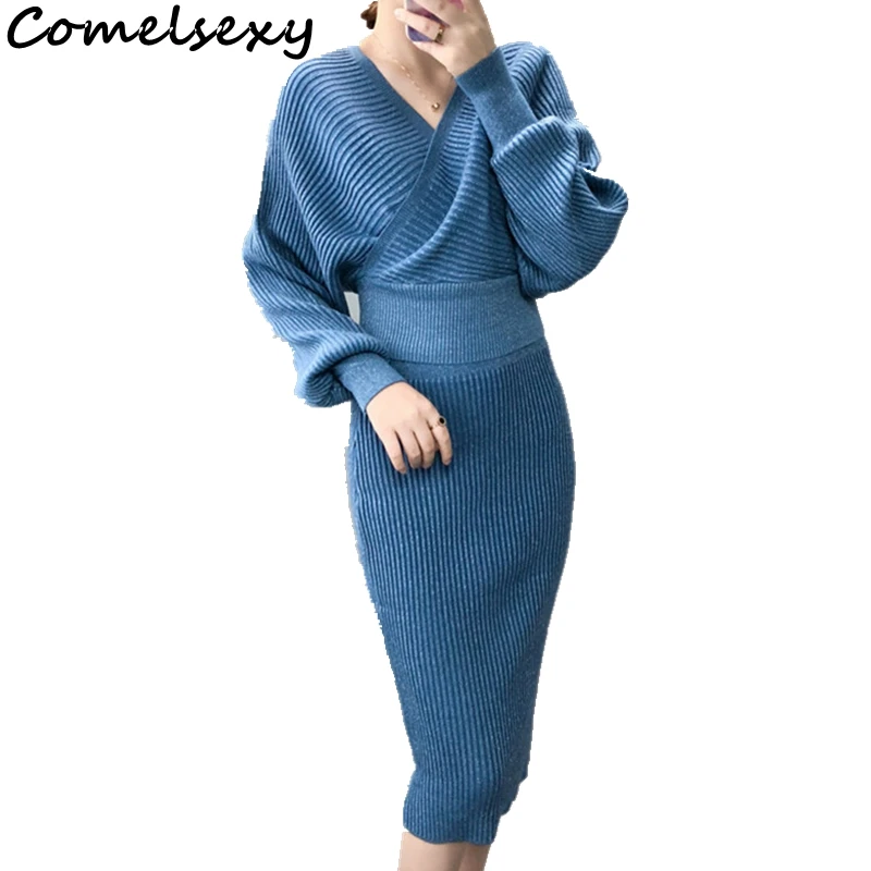 

2019 New Spring Knitted 2 Piece Set Women Batwing Sleeve V Neck Bright Sweater +elastic Waist Knitted Skirt Female Sweater Suit