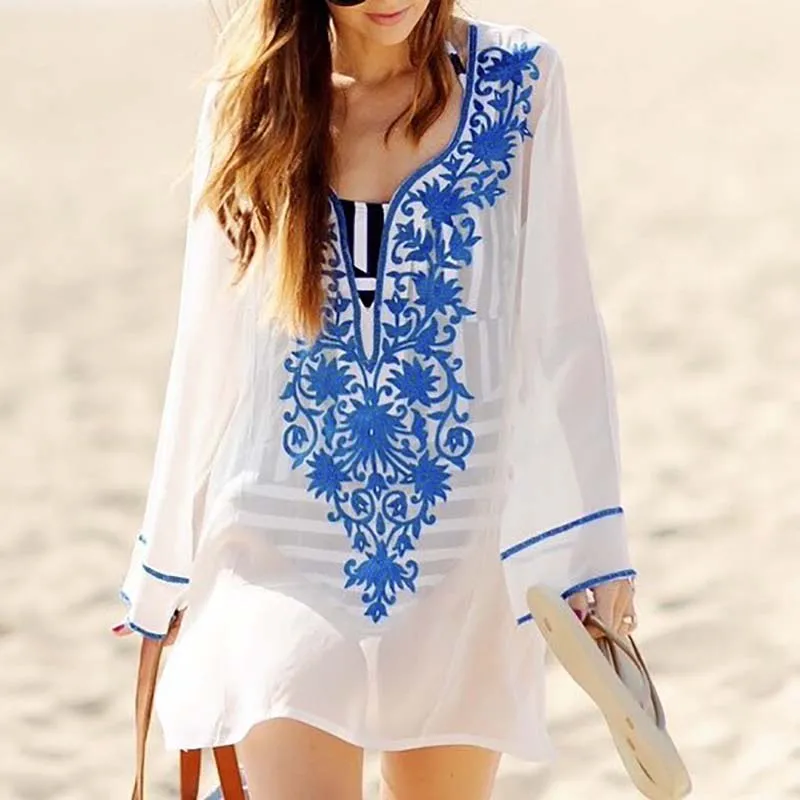 

Embroidey Beach Tunic Pareos 2019 Bikini Cover Up Women Swimsuit Cover up V-neck Swimwear cover up Bathing Suit Cover-Ups