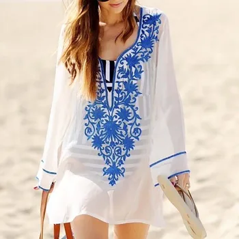 

Embroidey Beach Tunic Pareos 2020 Bikini Cover Up Women Swimsuit Cover up V-neck Swimwear cover up Bathing Suit Cover-Ups