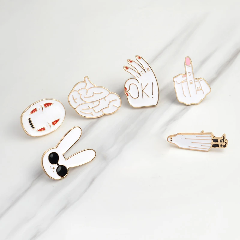 

Brain Middle finger OK Hand gesture Rabbit Robe No Face man pin set Badges Hard enamel pins Brooch Sweater Backpack Accessories