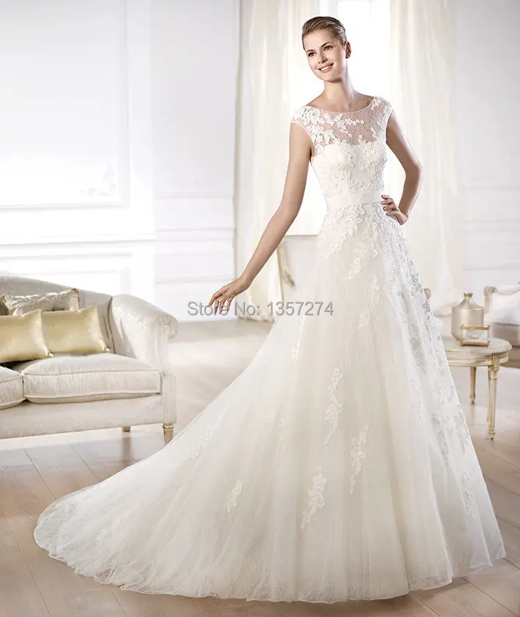 Free Shipping High Neck Bride Gowns Illusion Low Back Lace Wedding
