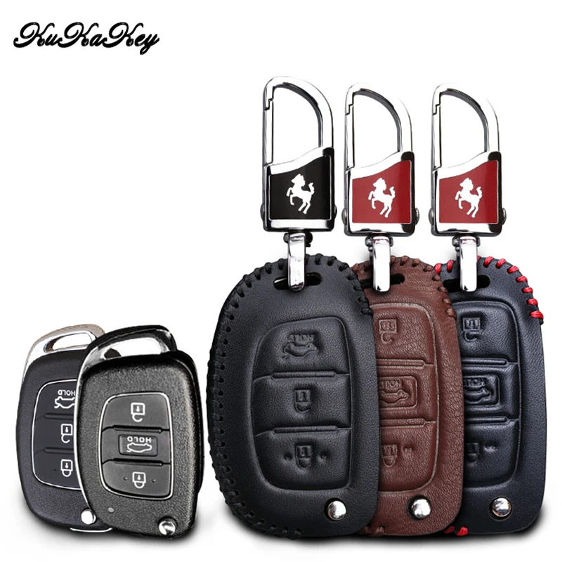 

KUKAKEY Genuine Leather Car Key Fob Cover Case Set Keychain For Hyundai MISTRA ELANTRA SANTAFE IX25 IX35 Car Styling Accessories