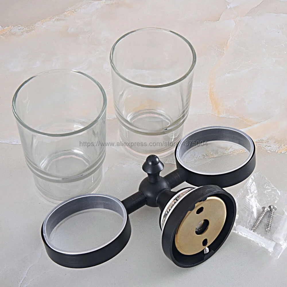 Аксессуар для ванной комнаты настенный черный масло потертый латунный держатель зубной щетки с двумя стеклянными чашками Nba708