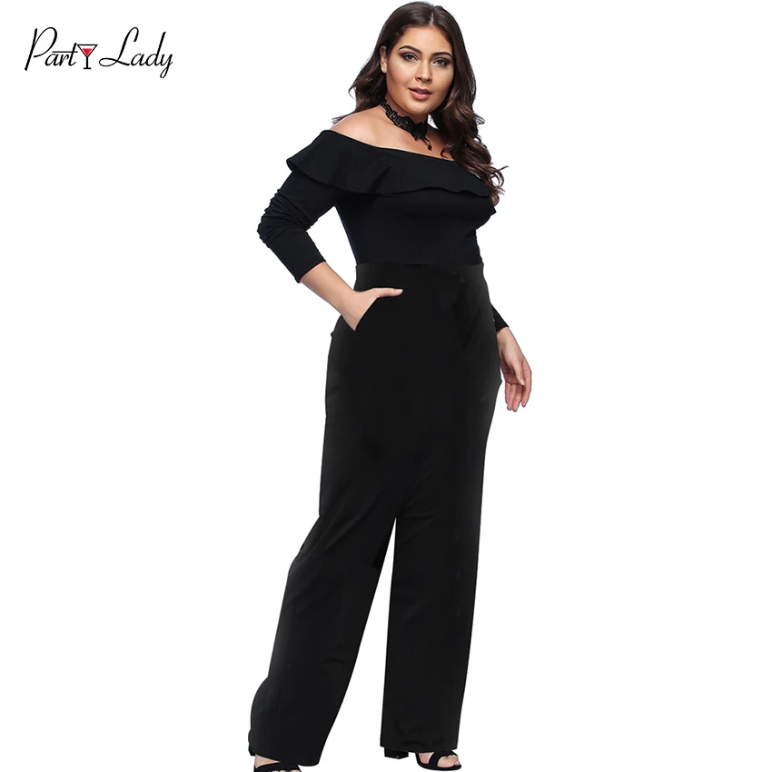 Party Lady New Plus Size Jumpsuits For Women 2018 Summer Women Rompers  Combination Female Sexy Loose Print Full Length Black -D