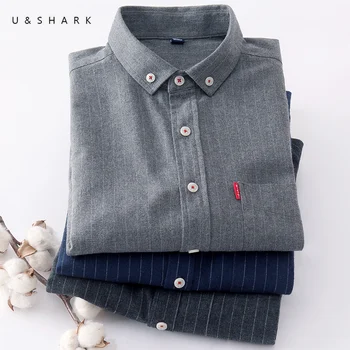 

U&SHARK Cotton Flannel Men Casual Shirt Long Sleeve Slim Fit Stripe Shirt Male 2018 Spring New Mens Dress Shirt Camisa Masculina