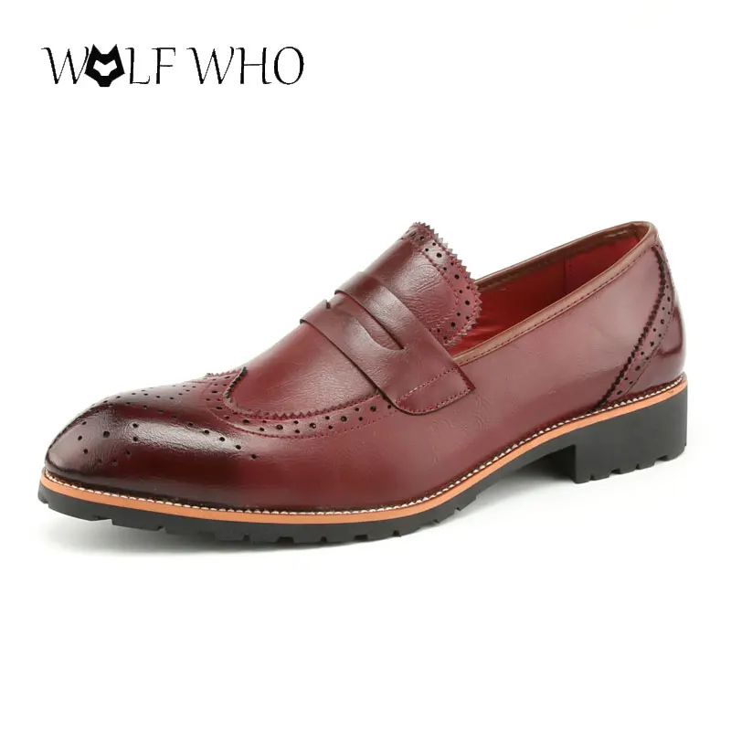 

WolfWho High Quality Leather Men Shoes Brogues Slip On Bullock Business Oxfords Shoes Men Dress Shoes Sapato Social Masculino