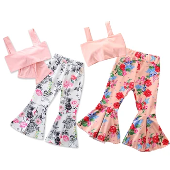 

Kids Baby Girls Clothes Off Shoulder Strap Solid Sleeveless Tops Flower Print Pants 2pcs Cotton Children Casual Outfits 2-6Y