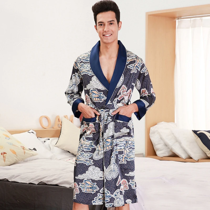 

SSH0352 Spring Autumn Men Robes High Quality Satin Silk Sleepwear Full Sleeves Men Bathrobe Male Printed Nightwear Bath Robe Men