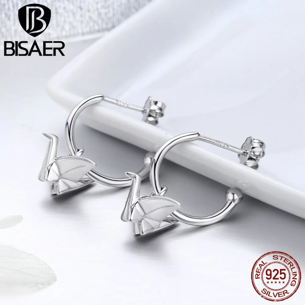 

BISAER Authentic 925 Sterling Silver Vintage Chic Paper Crane Stud Earrings for Women Luxury Fine Jewelry Gift Bijoux HSE339