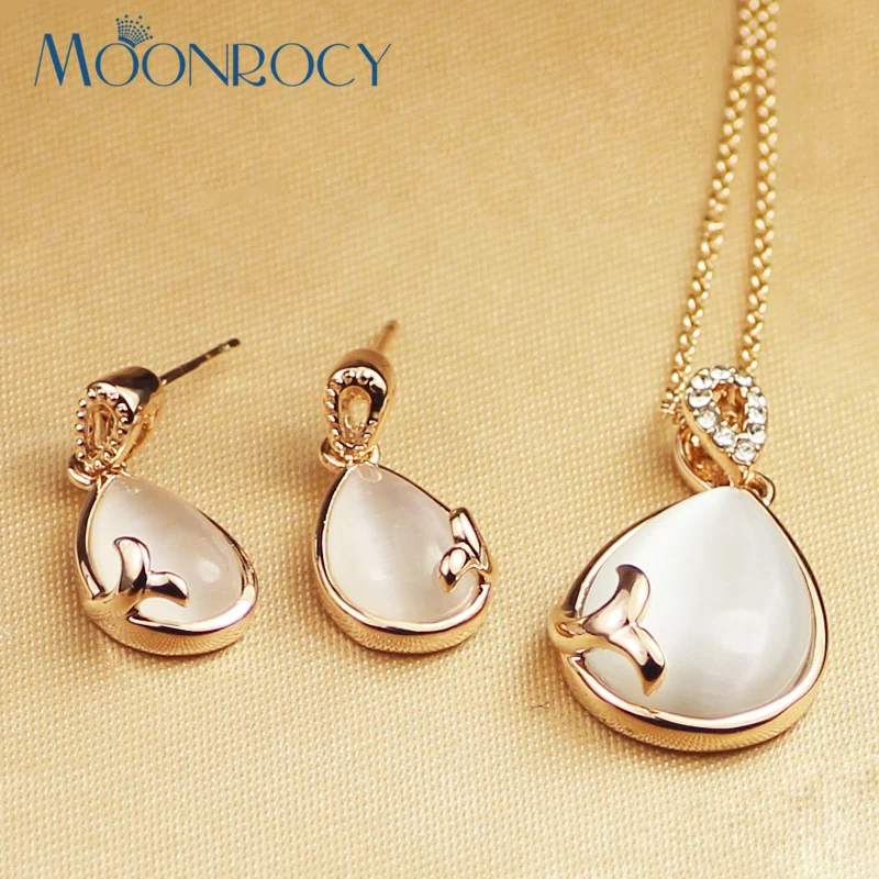 MOONROCY Free Shipping Austrian Crystal Rose Gold Color Opal Jewelry Set Waterdrop Necklace and Earring for Women Girls|necklace earrings|opal