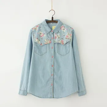 

Women Denim Jeans Shirt Femme Floral Blouse Long Sleeve Casual Shirt Blusa