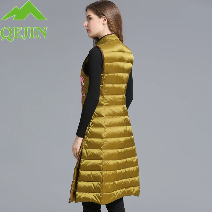 Élégant Gilet Canard Broderie Vestes Gilets Fond Survêtement De Hiver Femelle Manteaux Femmes Longue white Black Fourchette Fleur Épais Chaud Duvet arm Green zXEqxw