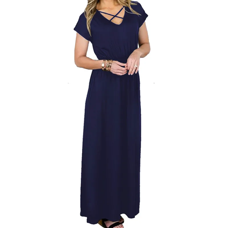 

Maxi Long Dress Female Loose Short Sleeve V-neck Dresses Women Summer Casual A-line Boho Sundress Femme Plus Size Solid GV142