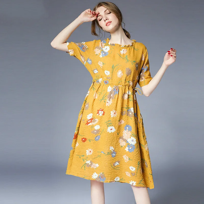 Cinched Waist Floral Dress Women Short Sleeve Summer Cotton Midi