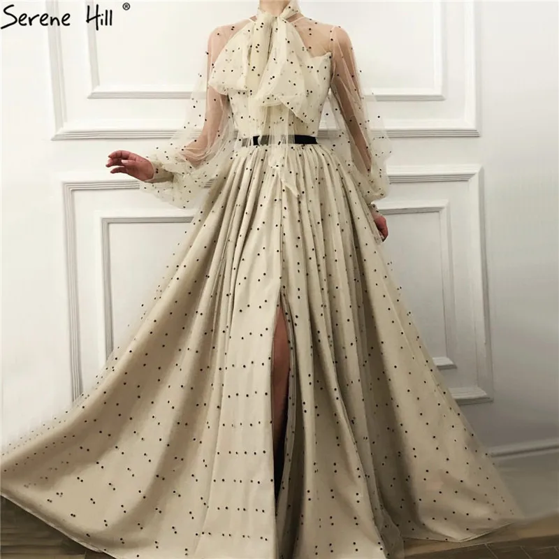 

Ivory Round Dot Pattern A-Line Evening Dresses 2019 Long Sleeves Sexy Tulle Evening Gowns Long Serene Hill LA70129