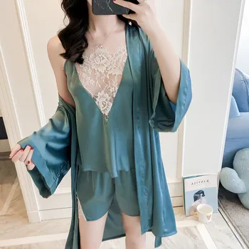 

M L XL Spring Summer Women 3PCS Nightwear Sexy Cami+Shorts+Robe Pajama Pijama Suit Lace Trim Home Wear Satin Sleepwear Set