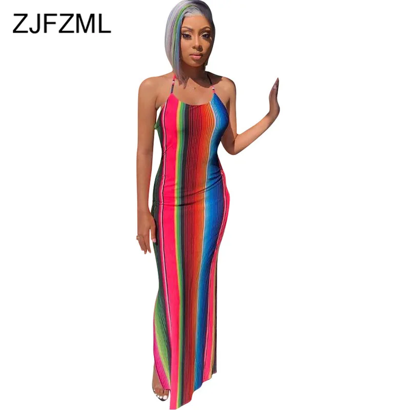 

Rainbow Striped Summer Bandage Dress 2019 Women Off Shoulder Backless Club Party Dress Casual Halter Sleeveless Long Maxi Dress