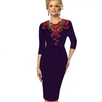

Elegant Applique Flower Embroidery O Neck Work Dress Bodycon Female 2/6 Sleeve Sheath Vintage Women Office Lady Pencil Dress