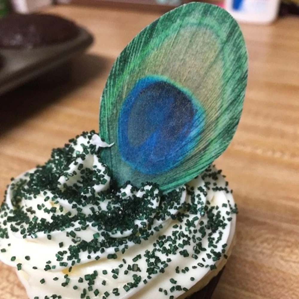 

Edible Peacock feather Pre-Cut Wafer Cupcake Toppers, Pretty Cake idea decoration,edible paper for wedding cupcake decoration