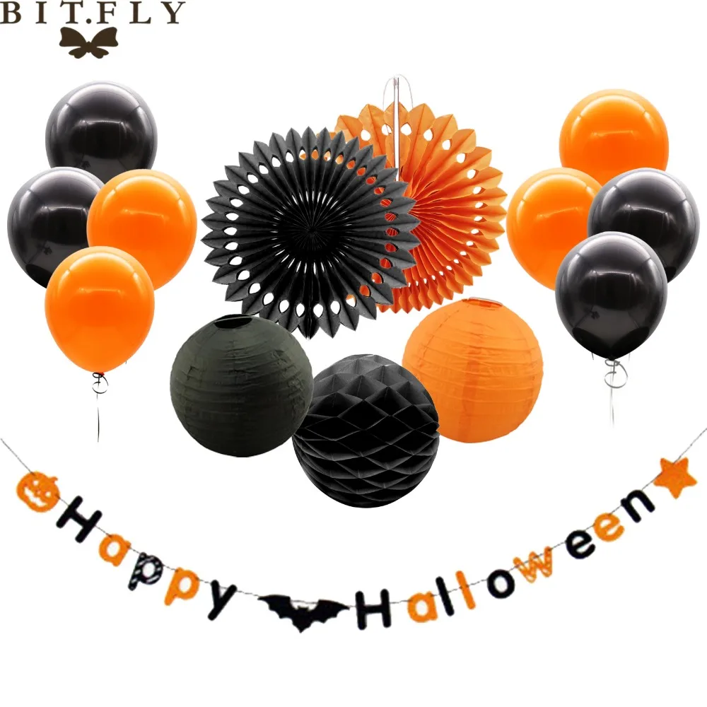 Halloween decoration paper lanterns,pull banners ,paper fan flowers,paper 3D starsand tassel for Party DIY decorations supplies