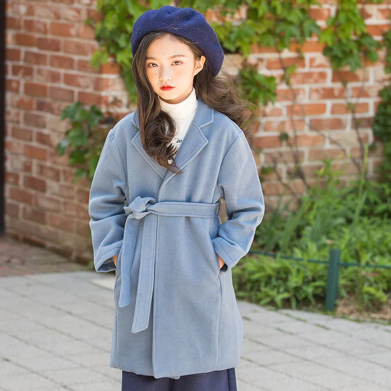 

Fashion 2018 Woolen Belt Long Jackets For Kids Solid Cotton Trench Coats Winter Tops Girls Children Outerwear Coat Baby Clothes