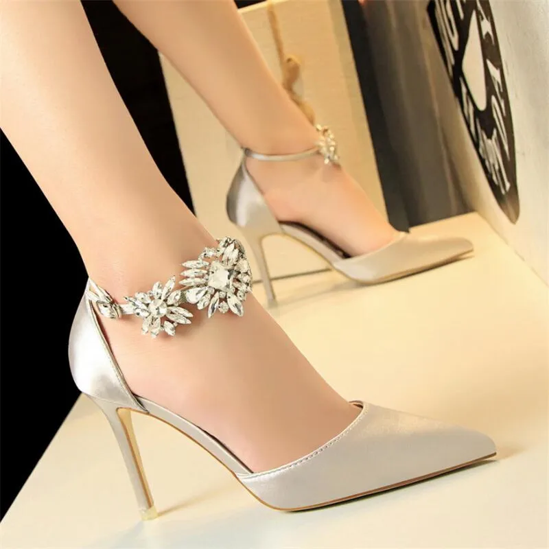 

New high heel women's shoes stiletto high heel satin hollow shallow mouth pointed rhinestone word with sandals