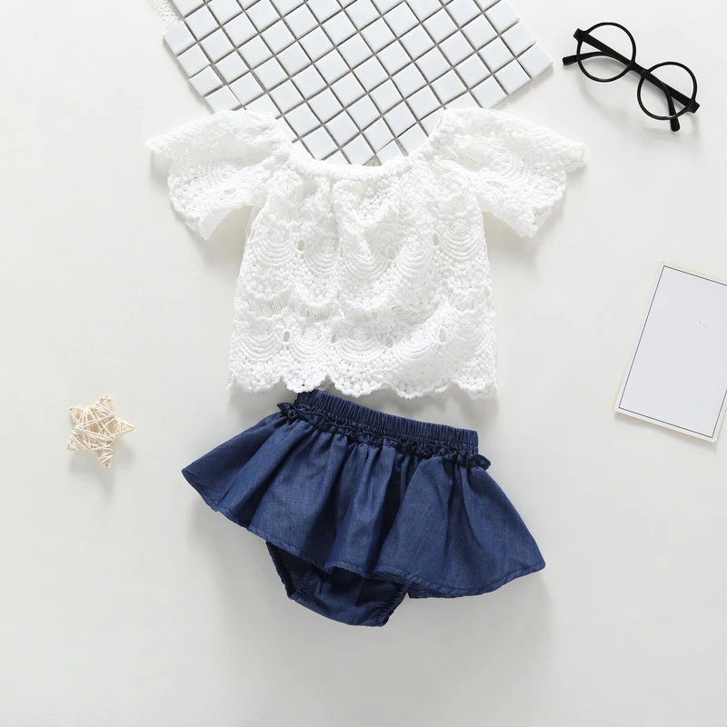 Комплект одежды для маленьких девочек летний белый кружевной топ с коротким