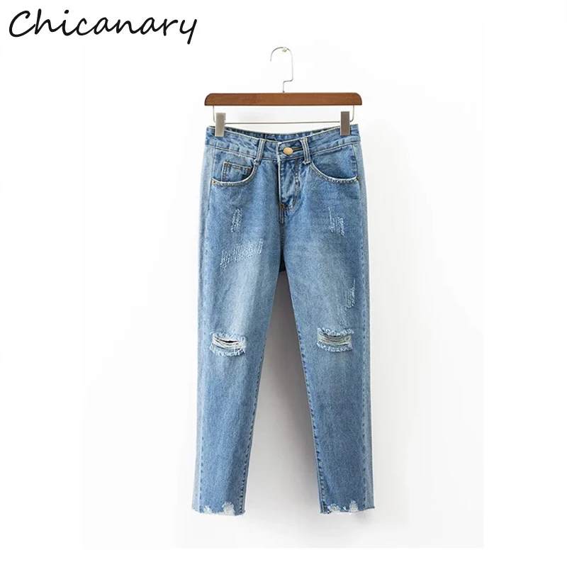 Chicanary High Waist Knee Ripped Mom Jeans Women Distressed Raw Cut Crop Denim Pants