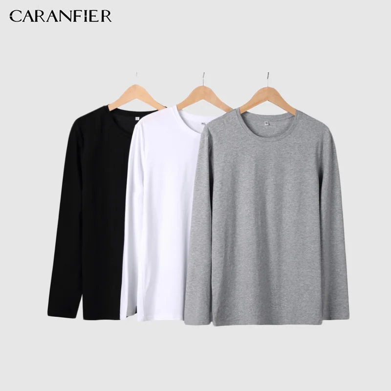 

CARANFIER spring Long Men T Shirt Cotton Solid White For Man Casual Long Sleeve Slim Fit T-Shirt Male New Tops Tee Shirt