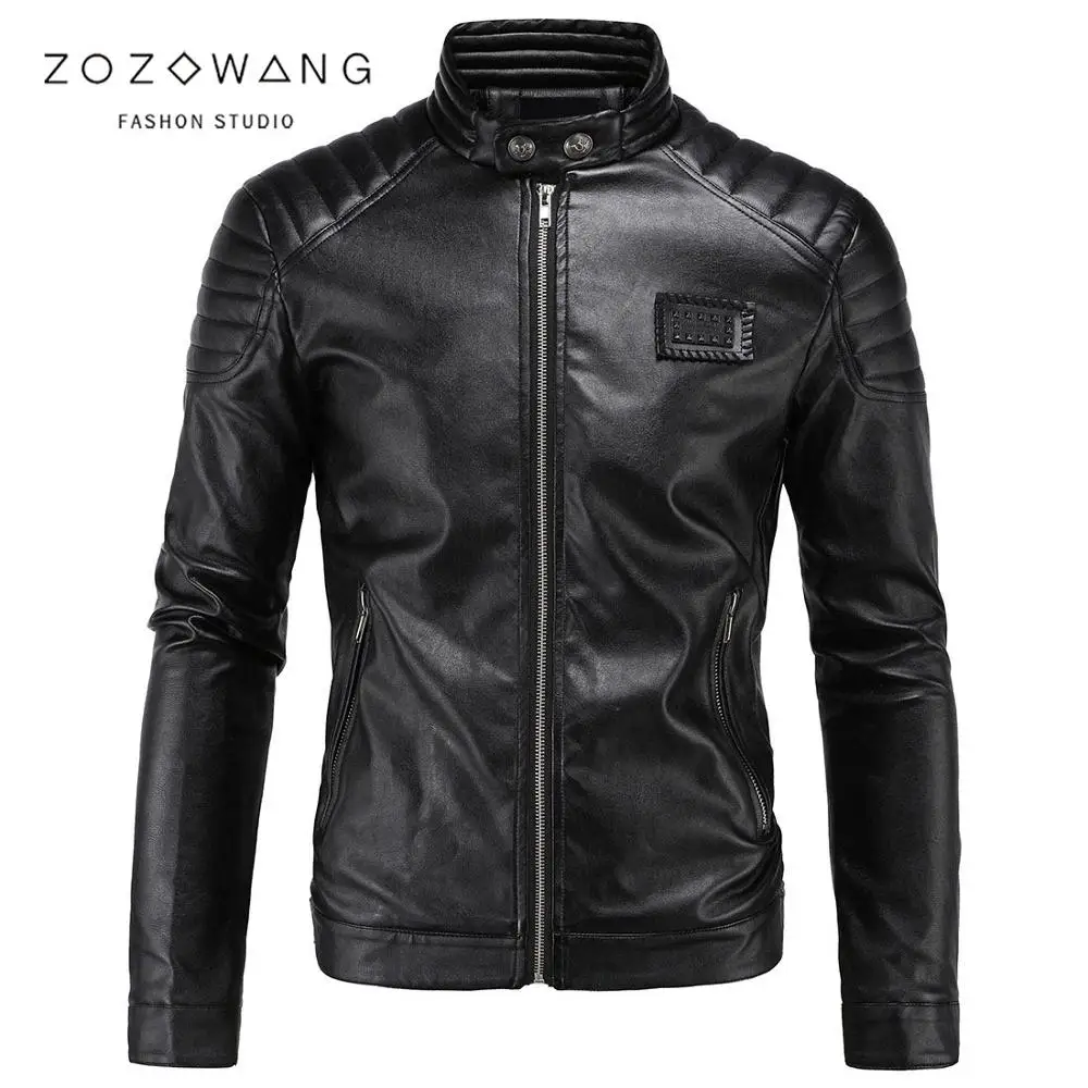 

ZOZOWANG Autumn and winter men's quality leather jacket retro motorcycle jacket warm and windproof PU leather large size coat
