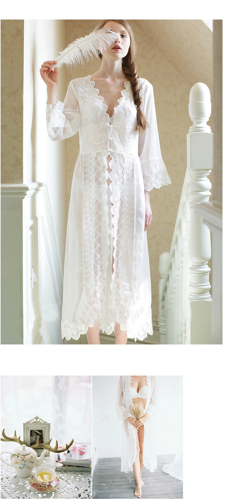 Women Sleepwear Sexy White Lace Long Robe Princess Dress Maternity Nightgown Elegant European-style Nightwear Vestidos