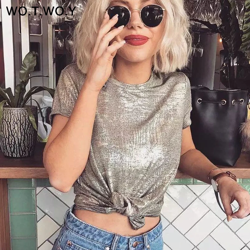 WOTWOY Silver Shiny Lurex Knitted T Shirts Women 2019 Summer Sexy Slim O-Neck Short Sleeve T shirt Woman Solid Tees Harajuku