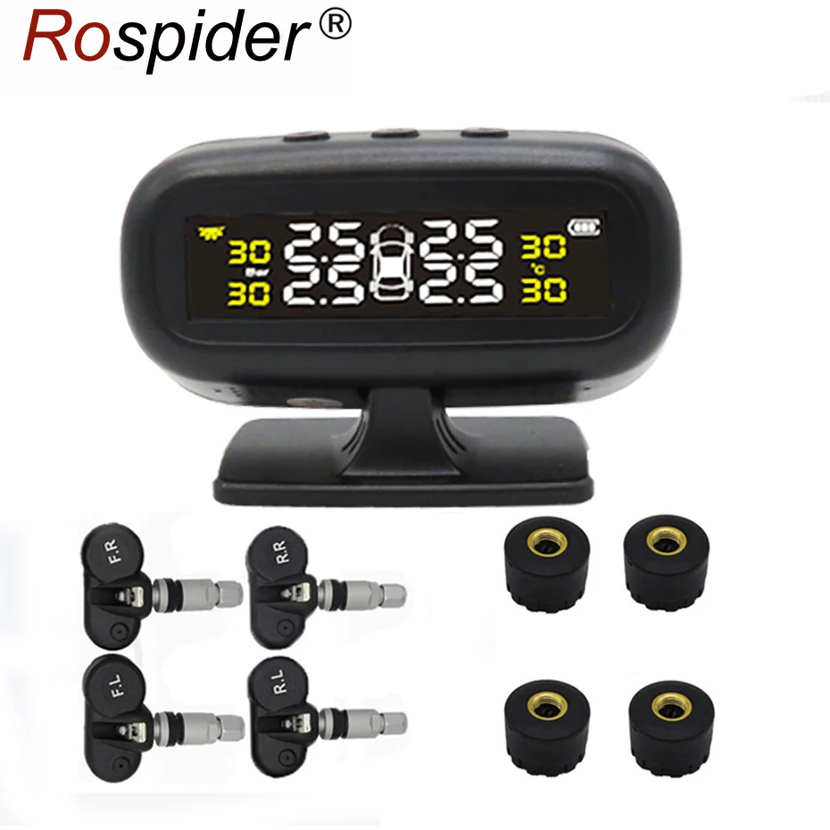 

Rospider Solar TPMS Car Tire Pressure Alarm Monitor System Smart Tyre Pressure Monitor Auto Alarm Temp Warning D03W /D03N