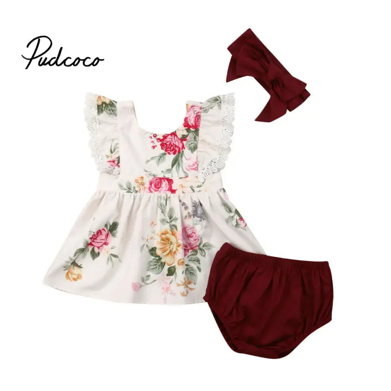 Комплект одежды для новорожденных девочек, кружевное платье с цветочным принтом + винно-красные шорты + повязка на голову, комплект из 3