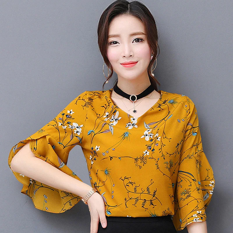 Fashion Printed Lady Summer White Blouses Size M 3xl Flare Sleeve Style