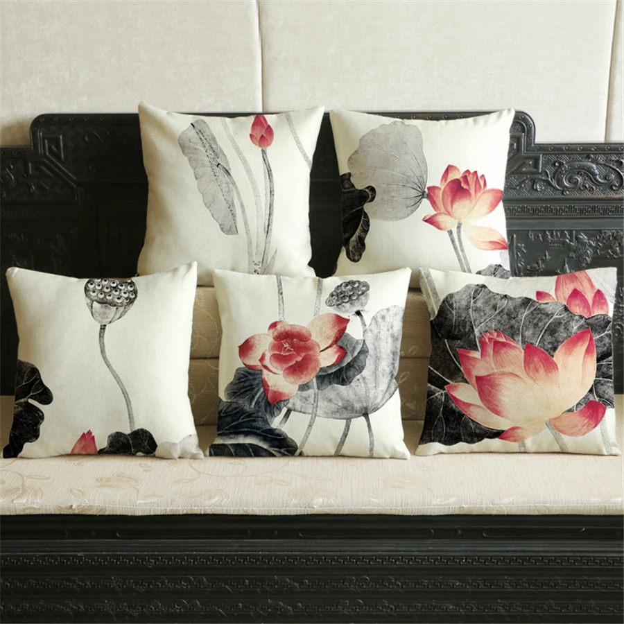 

Floral Watercolor Chinese Cushion Cover Embroidered Decorative Linen Nordic Fashion Pillow Case Cushion Home Decor New Year e829