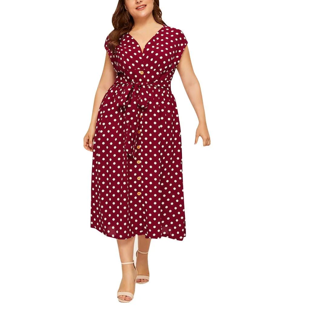 Платье летнее платье vestidos robe повседневное полиэфирное платье до середины икры 5XL с v-образным вырезом без рукавов в горошек с принтом на пуговицах платье на поясе платье Z4