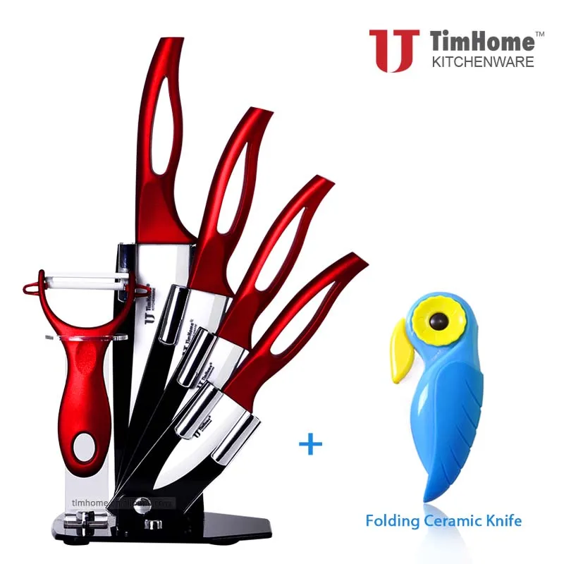 Циркониевый керамический нож с красной ручкой и держателем, кухонный набор " 4" " 6" дюймов с овощечисткой, кухонный нож Timhome, красивые подарки - Цвет: With folding knife