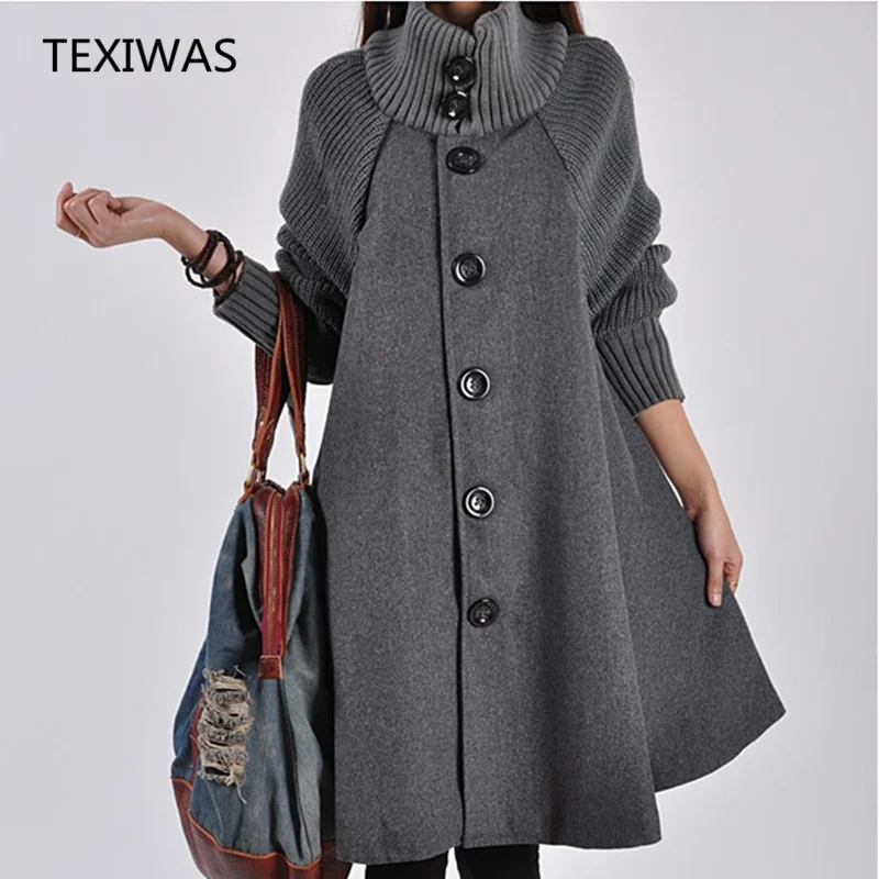 

TEXIWAS 3 colors Winter Coat Women Wool Blends Loose Windbreaker Female Cloak Turtleneck Solid color 2017Woman Clothing M -2XL