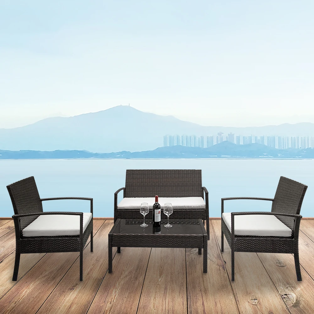 

4PCS/Set Arm Chairs Love Seat Tempered Glass Coffee Table Rattan Sofa Set Home Living Room